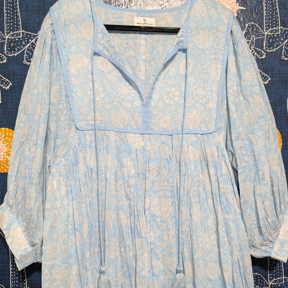 The Fox and the Mermaid Cotton Floral Print Midi Dress Blue Women's Size XL - Picture 4 of 10